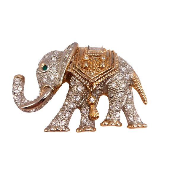 Estate Elephant Rhinestone Brooch Pin Vintage-Inspired W Green Eye~Hanging Charm - Picture 1 of 8